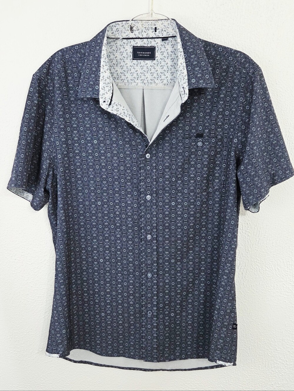 7Diamonds Del Rey Woven Stretch short sleeve shirt blue tapestry geometric large
